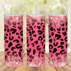 Pink Leopard Glitter Tumbler PNG, 20oz Skinny Tumbler Sublimation Design Template, Pink Cheetah Tumbler, Commercial Use