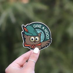 give a hoot sticker, woodsy waterproof vinyl sticker, uv resistant decal.