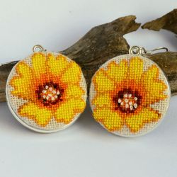 Flower embroidered dangle earrings, Yellow cross stitch jewelry, Floral handcrafted nature prom gift for her