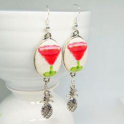 Cocktail embroidered red earrings, Cross stitch prom party jewelry with pineapple charm, Handcrafted gift for women