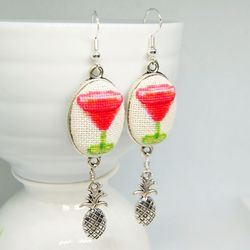 cocktail embroidered red earrings, cross stitch prom party jewelry with pineapple charm, handcrafted gift for women