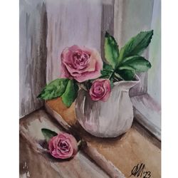 Roses Window Original Painting Pink Flowers Watercolor Floral Artwork Home Decor Art