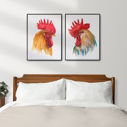 Set of two watercolor digital prints, rooster posters, art for bedroom