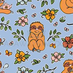 SLOTH FLOWER Cute Animal Sits On The Meadow Seamless Pattern