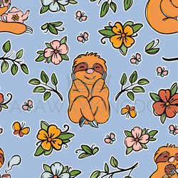sloth flower cute animal sits on the meadow seamless pattern