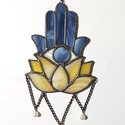 hamsa hand stained glass succulent suncatcher, lotus flower car mirror charm, evil eye window hanging, jewish hannukah