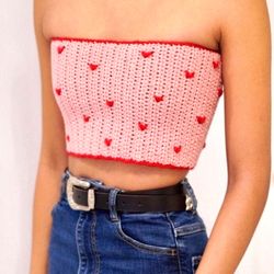 Crochet top with hearts, Crop top, Strapless Pink Top, Rainbow top, Pink Crocheted Top, Summer crochet Top