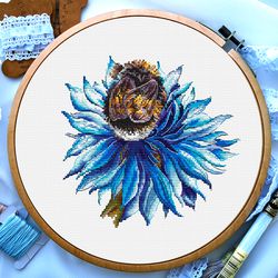 Bumble bee cross stitch, Flower cross stitch, Cornflower cross stitch, Plants cross stitch, Digital PDF