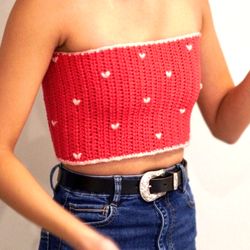 crochet crop top, strapless red top, rainbow top, crochet top with hearts, red crocheted top, summer crochet top