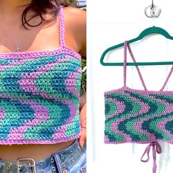 summer crochet top, tricolour crocheted top, wave top, rainbow top, crochet top