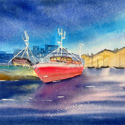 Original watercolor drawing, Sea port, 11 by 14 inches