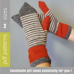 Striped mittens knitted patterns PDF (2 sizes), 2 tutorials in English. kids mittens (6-7 years old), adult mittens S-M