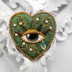 Evil Eye Pin | Pink Witch Heart Brooch |Sacred heart pin| embroidery beaded heart pin| Magic heart brooch |Witchcraft