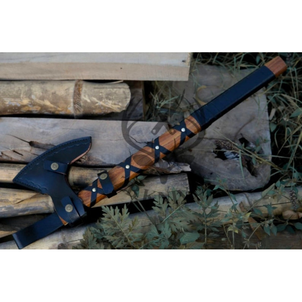 Bearded Viking AXE, Leather Wrapped Custom Engraved Axe Handle & Leather Sheath, Rosewood, Carbon Steel, Iron ANNIVERSARY GIFT for Her (1).jpg