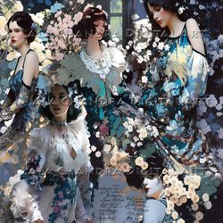 ladies in the garden, girls, flowers decoupage paper, clipart, art nouveau, paper set, art journal, printable
