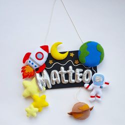 Space decor, name sign, Name Plate, child's door sign, Felt Name Banner, Name Bunting, Space and planet nursery