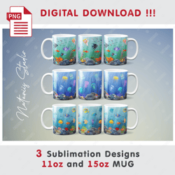 3 Aquarium Fish Sublimation Designs - 11oz 15oz MUG - Digital Mug Wrap