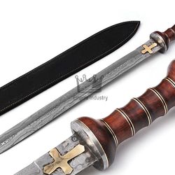 Handmade Damascus Steel Double Edge Roman Gladius Sword, Greek Sword, Sword Art Online, with Leather Sheath