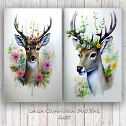 Two beautiful forest deer watercolor posters, wall decor, wall art, Printable Journaling Scrapbook