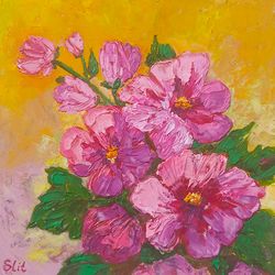 mallow  flower art original art impasto oil painting flower small art 6 by 6 inches