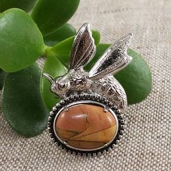 Picasso Jasper Bee Brooch Pin Terracotta Mustard Yellow Beige Unique Stone Silver Bee Insect Brooch Pin Jewelry 7302