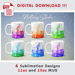 6 Rainbow Fire Flame Sublimation Designs - 11oz 15oz MUG - Digital Mug Wrap