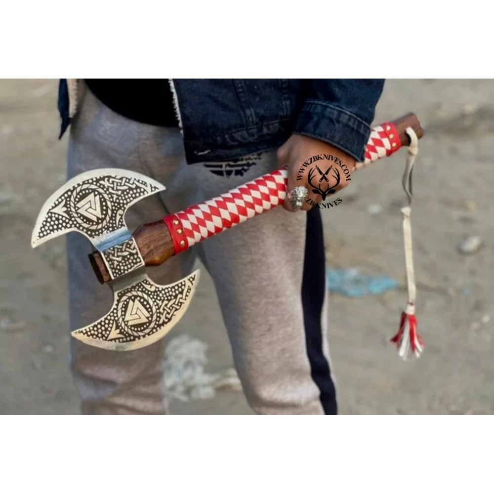 Double Axe with Red Leather Sheath, Valknut Viking Axe, Double Headed Axe, Large Battle Axe, Handmade Gifts, Viking Wedding Groomsmen Gift1.jpg
