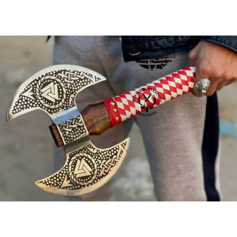 Double Axe with Red Leather Sheath, Valknut Viking Axe, Double Headed Axe, Large Battle Axe, Handmade Gifts, Viking Wedding Groomsmen Gift2.jpg