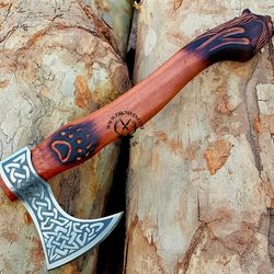 custom axe gift with valkyrie symbol carving, viking axe, bearded axe for camping, hiking, reenactment, birthday gifts