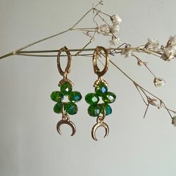 Moon earrings Green crystal earrings Aesthetic earrings Drop earring Handmade jewelry Crystal earrings Gift for her