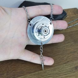 Large cyberpunk necklace circle Fidget bearing necklace Cybertech necklace for men OOAK sci-fi necklace repurposed