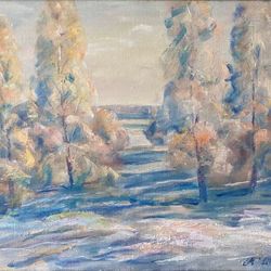 oil painting on masonite "trees in winter" size 20x24 inches landscape painting, beautiful winter views of nature.