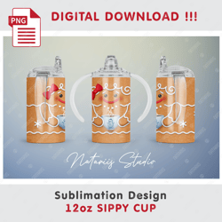 Cute Christmas Gingerbread Sublimation Design - Seamless Sublimation Pattern - 12oz SIPPY CUP - Full Cup Wrap