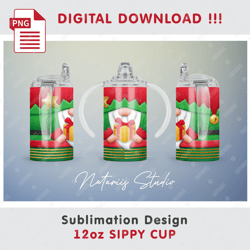 Cute Christmas Elf Sublimation Design - Seamless Sublimation Pattern - 12oz SIPPY CUP - Full Cup Wrap
