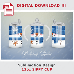 Cute Christmas Snowman Sublimation Design - Seamless Sublimation Pattern - 12oz SIPPY CUP - Full Cup Wrap