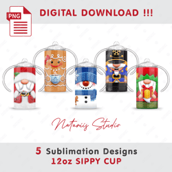 5 Cute Christmas Sublimation Designs - Seamless Sublimation Patterns - 12oz SIPPY CUP - Full Cup Wrap
