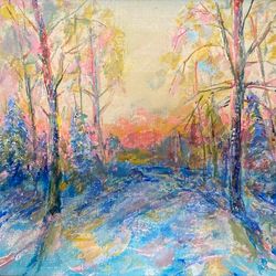 Landscape painting with acrylic on canvas "Before Christmas", size 12x16 inches, beautiful winter nature, a great gift.