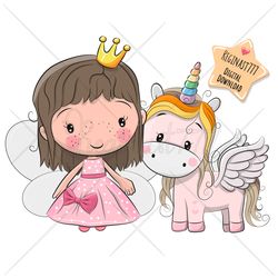 cute cartoon princess and unicorn png, clipart, sublimation design, children printable, illustration