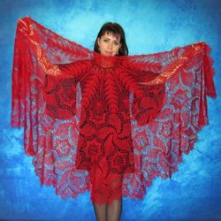 Red crochet warm shoulder wrap, Handmade Russian shawl, Goat down Orenburg stole, Wool cape, Kerchief, Bridal cover up