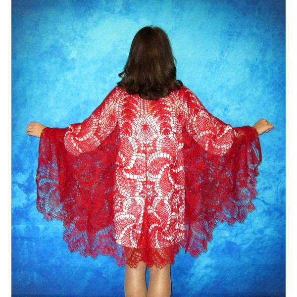 Red crochet openwork shawl, Hand knit warm Russian Orenburg shawl, Shoulder wrap, Goat down stole, Wool bridal cape, Cover up, Lace kerchief, Gift for a woman 2