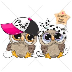 Cute Cartoon Owls Boy and Girl PNG, clipart, Sublimation Design, Cool, Print, clip art, Cap