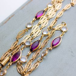vintage bezel necklace gold tone long chain station necklace amethyst bezel