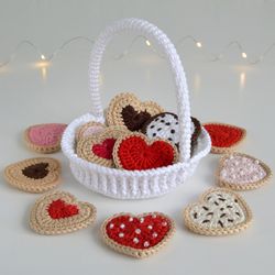 DIY PDF crochet pattern Cookies Hearts in a basket for Valentine's Day | Crochet Valentine day decoration