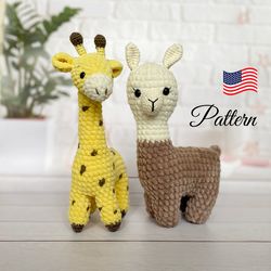 Crochet pattern set animals, Amigurumi pattern crochet giraffe, Crochet lama plush toy