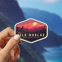 jurassic park sticker, jurassic park isla nublar sticker, visit isla nublar national park sticker, t-rex, dinosaur