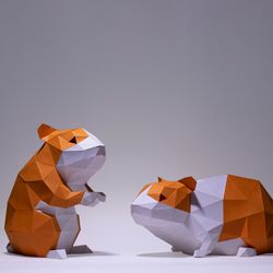 hamsters paper craft, digital template, origami, pdf download diy, low poly, trophy, sculpture, hamsters model