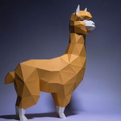 alpaca, lama paper craft, digital template, origami, pdf download diy, low poly, trophy, sculpture, model