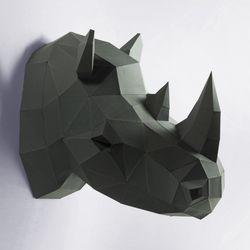 rhino head wall paper craft, digital template, origami, pdf download diy, low poly, wall decor