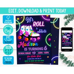 editable roller skate birthday invitation corjl template girl skating invitation skating party invite neon disco party