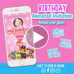 Paw Patrol invitation For Girl, Video invitation, Animated invitation, Paw Patrol Party invitations, Birthday invitation